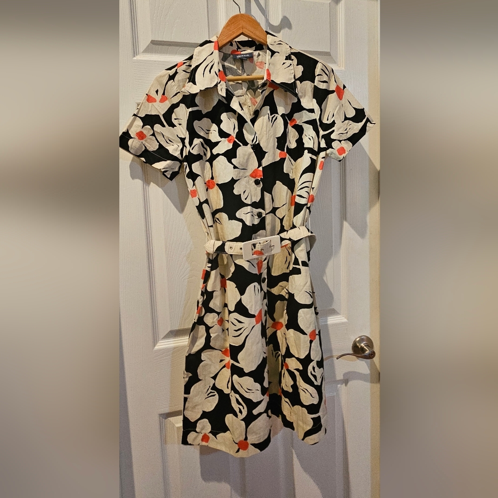 Modcloth Black and White Floral Dress with Red Accents